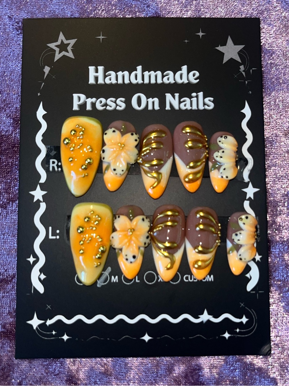 Handmade Orange Floral Press-On Nails